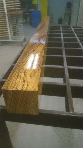 Zebra Wood Mantel In Finishing Process