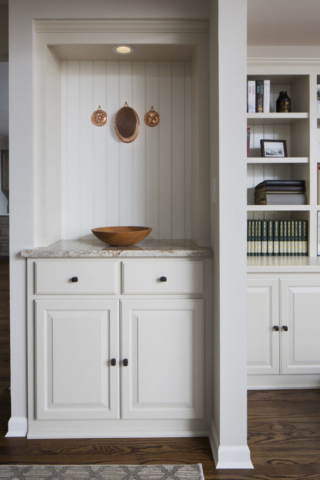 dry bar and custom book shelf